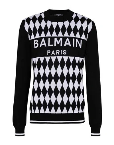 Balmain Man Sweater Black Size Xl Merino Wool In Noir/blanc