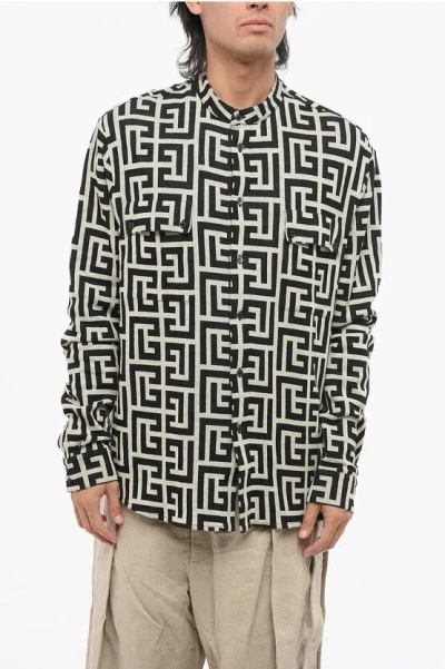 Balmain Mandarin Collar Jersey Shirt With All-over Monogram In Gray