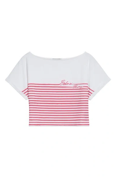 Balmain Marinière Stripe Crop Logo T-shirt In Pink