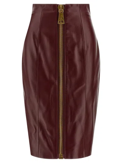 BALMAIN MAROON FRONT ZIP SKIRT