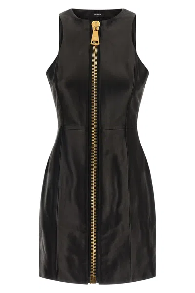 Balmain Women Maxi Zip Leather Dress In Black