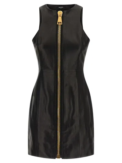 Balmain Short Sleeveless Lambskin Dress In Black