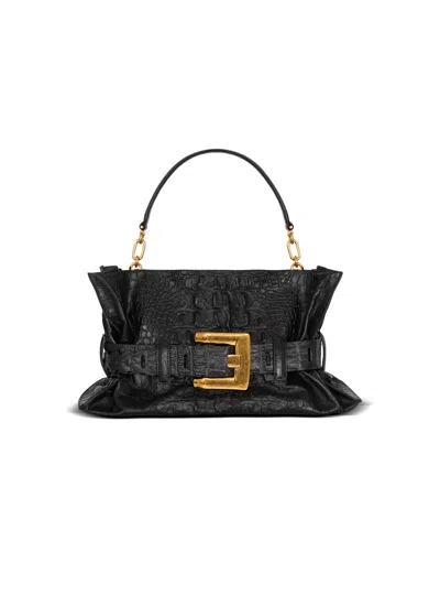 Balmain Medium Anthem Bag In Embossed Crocodile-print Calfskin In Black