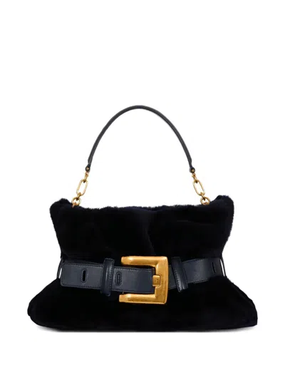 Balmain Medium Anthem Shearling Belt-buckle Shoulder Bag In Blue