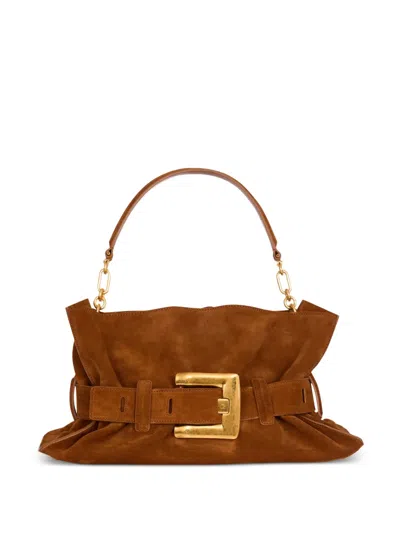 Balmain Medium Anthem Suede Shoulder Bag In Brown