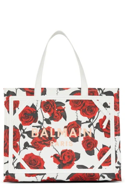 Balmain B Army Medium Rose-print Shopper Tote Bag In Gbs White/ Black/ Red