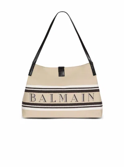 Balmain Medium Release Shopper Bag In Canvas And Calfskin In Sand