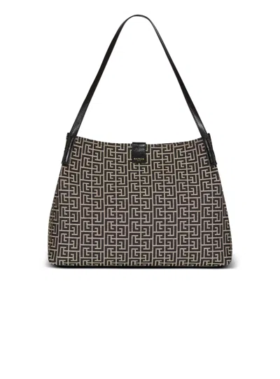 Balmain Medium Release Shopper Bag In Monogram Jacquard And Calfskin Leather In Brown
