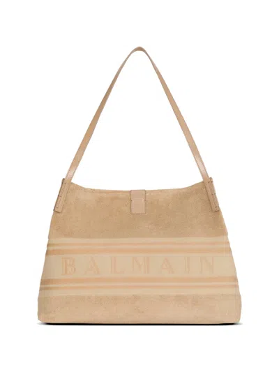 Balmain Medium Release Tote Bag In Cotton Bouclé In Neutral