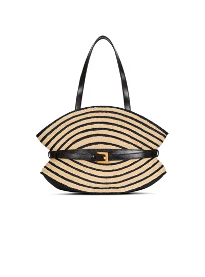 Balmain Medium Shuffle Bag In Smooth Leather And Two-tone Raffia In Multi
