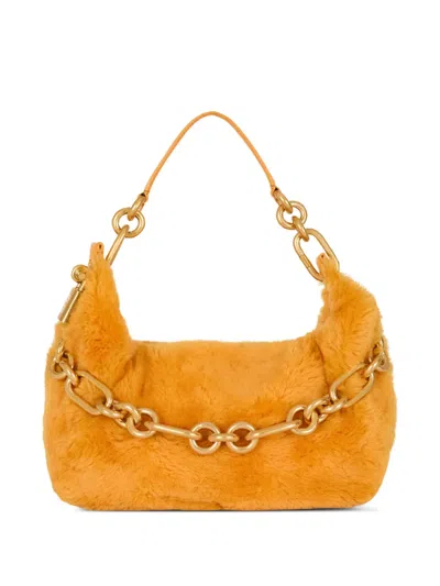 Balmain Medium Sync Shearling Chain Shoulder Bag In Orange