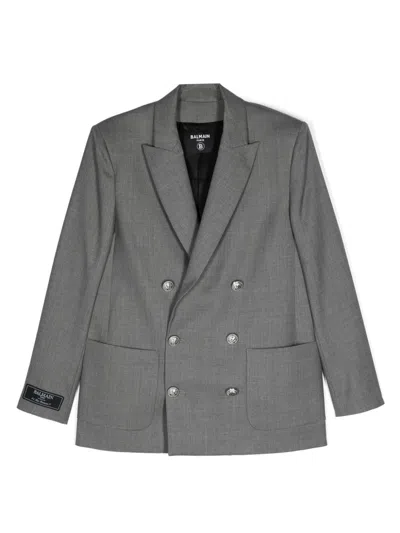 Balmain Kids' Double-breasted Blazer In Grigio Melange