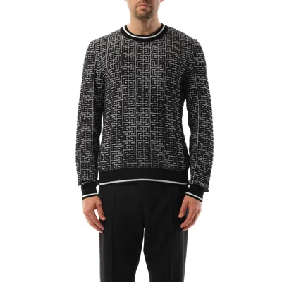 Balmain Men's 3d Monogram Vanise Knit Sweater In White/black