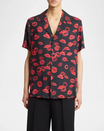 Balmain Men's Allover Kiss-print Pajama Shirt In Black/red