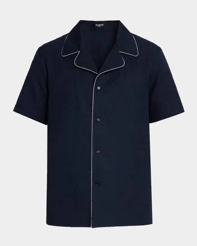 Balmain Men & Apos;s Cotton Jacquard Monogram Pajama Shirt With Piping In Blue