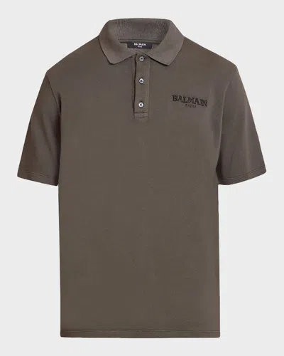 Balmain Men's Logo Embroidered Cotton Polo Shirt In Gray