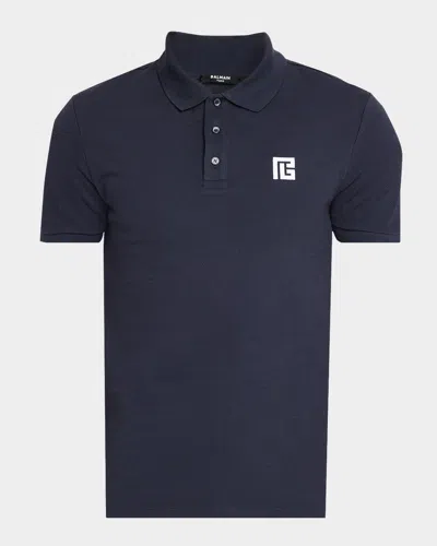 Balmain Men & Apos;s Embroidered Pb Logo Cotton Polo Shirt In Blue