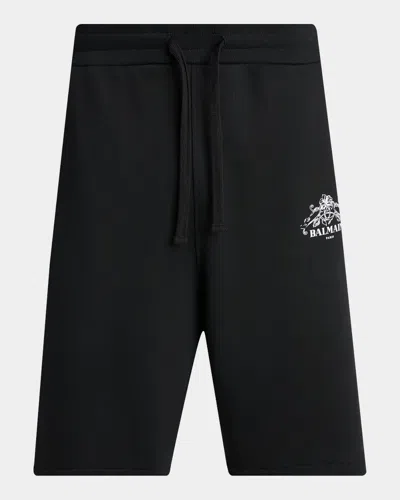 Balmain Men & Apos;s Floral Logo Crest Cotton Drawstring Sweat Shorts In Black