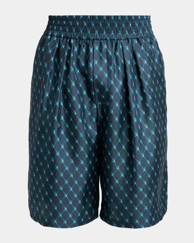 Balmain Men & Apos;s Grid Print Silk Pleated Pull-on Shorts In Blue