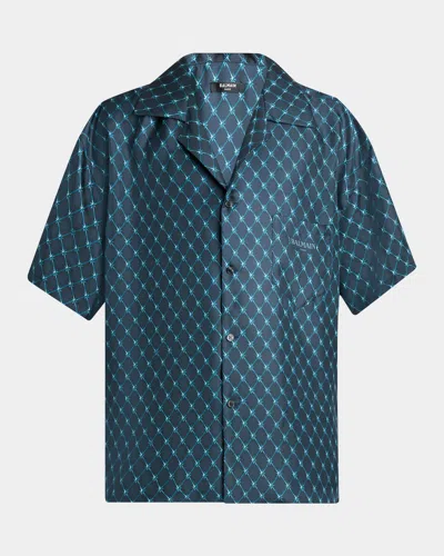Balmain Men's Grid-print Logo Pajama Shirt In Blue