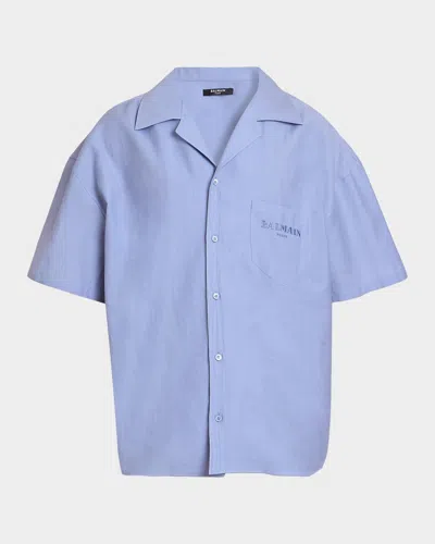 Balmain Men & Apos;s Herringbone Cotton-blend Poplin Camp Shirt In Blue