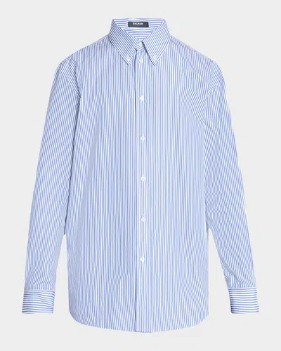 Balmain Men & Apos;s Pb Logo Cuff Cotton Pinstripe Button-down Shirt In Blue