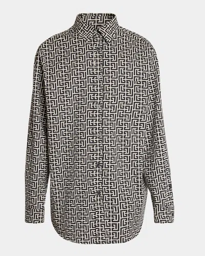 Balmain Men & Apos;s Pb Monogram Loose-fit Button-down Shirt In White