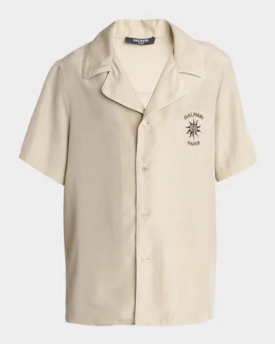 Balmain Men & Apos;s Silk Sun Logo Short-sleeve Shirt In Neutral