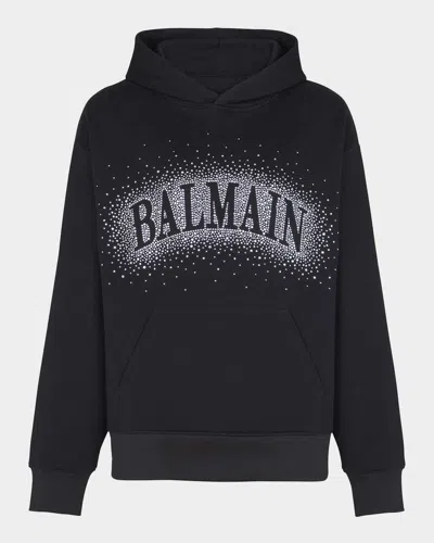 Balmain Men & Apos;s Spray Crystal Logo Cotton Hoodie In Black