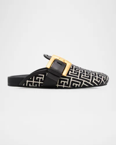 BALMAIN MEN'S ANTHEM PB MONOGRAM JACQUARD CANVAS MULES