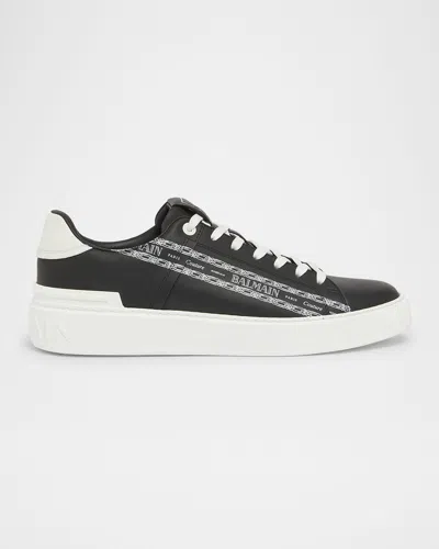 BALMAIN MEN'S B-COURT CHAIN LOGO CALFSKIN LOW-TOP SNEAKERS