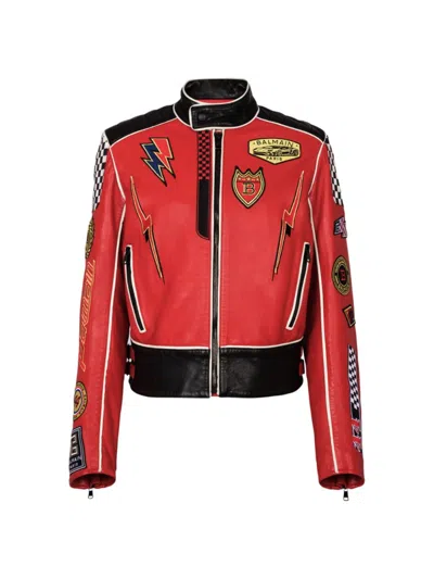 Balmain Men's  X Formula 1 Leather Biker Jacket In Rouge Noir Creme