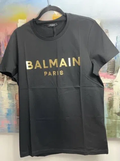 Pre-owned Balmain Men's Black Cotton T-shirt With Gold  Paris Logo Print