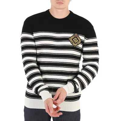 Balmain Striped Knit Wool Blend Sweater W/ Badge In Multi