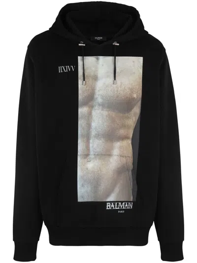 BALMAIN MEN'S BLACK PRINTED COTTON HOODIE FOR SS23 COLLECTION