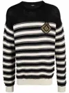 Balmain Striped Knit Wool Blend Sweater W/ Badge In Black/natural