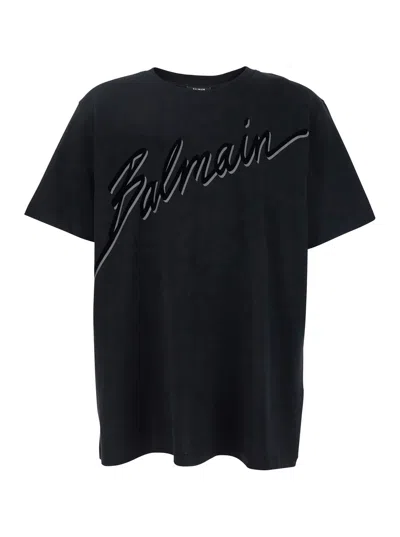 Balmain Men Black T-shirt With Logo Lettering On The Front In Cotton Man In Blue