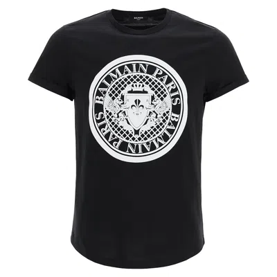 Balmain Men's Black White Logo T-shirt W/flock Medallion Logo In Multi