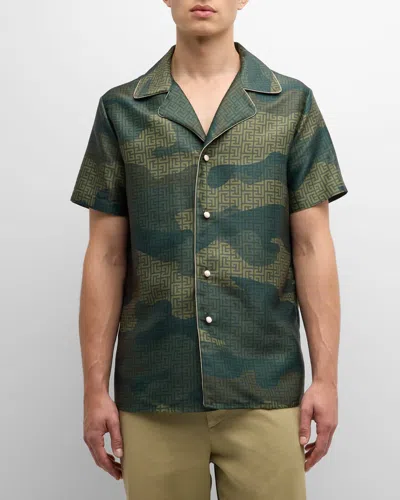 Balmain Camouflage Monogram Shantung Shirt In Multi Khaki