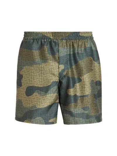 Balmain Men's Camouflage Print Shantung Shorts In Multi Khaki