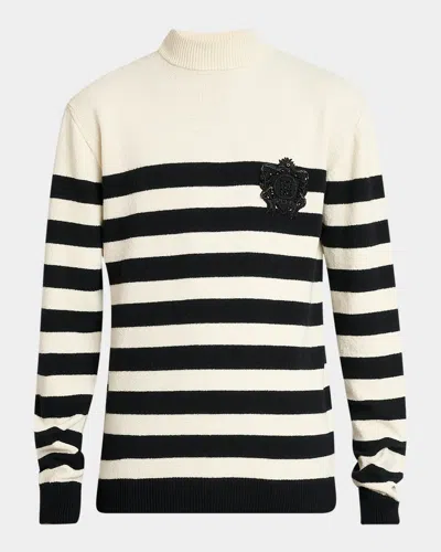 BALMAIN MEN'S CASHMERE STRIPE MOCK NECK SWEATER WITH EMBLEM PATCH