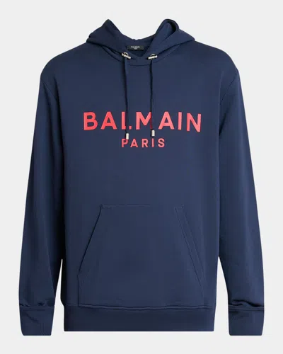 Balmain Logo Organic Cotton Graphic Hoodie In Blue