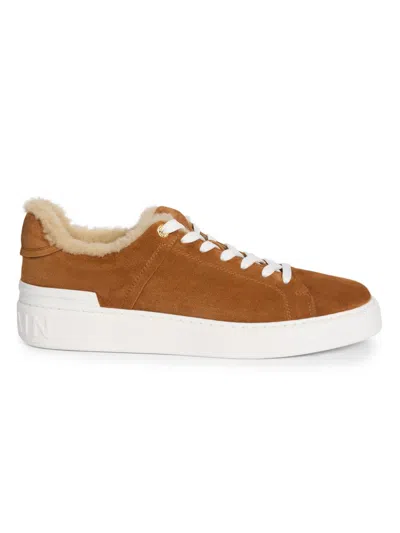 Balmain Men's Court Suede Shearling-trim Low Sneakers In Brown