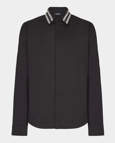 Balmain Men's Crystal-collar Cotton Dress Shirt In Black