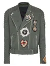 Balmain Denim Biker Jacket With Embroidered Patches In Green