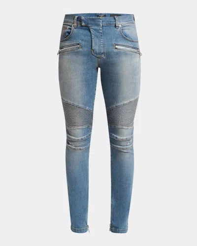 Balmain Men's Denim Biker Pants In Blue