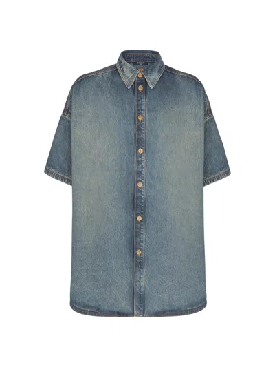 Balmain Denim Short Sleeve Shirt Contrast Stitching In Blue
