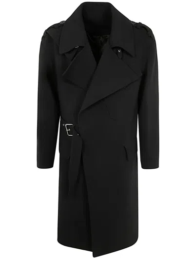 Balmain Men Double Wool Crepe Belted Trench Coat In Black