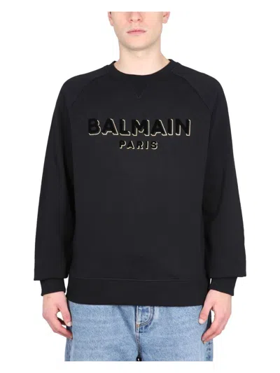 BALMAIN MEN'S FLOCKED AND METALLIC LOGO SWEATSHIRT