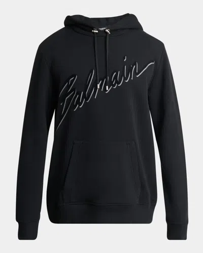 Balmain Men's Flocked Script Hoodie In Black/black